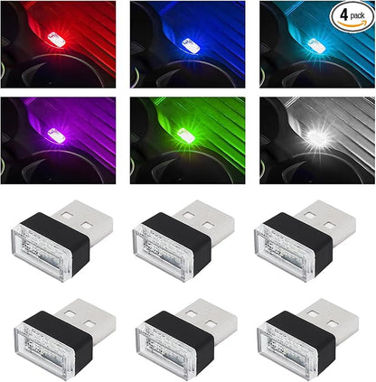 Yourkar 4 PCS USB LED Car Interior Atmosphere Lamp, Plug-in USB Interface Trunk Ambient Lighting Kit, Night Led Decoration Mini USB Light, Universal Interior Car Accessories (6 PCS, 6 Clors)