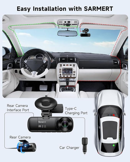 SARMERT 4K 3 Channel Dash Cam, Dash Cam Front and Rear C3, Free 64GB Card, 4K+1080P+1080P Dashcam, G-Sensor, WDR, APP, 5G WiFi, Night Vision, 24H Parking Monitor