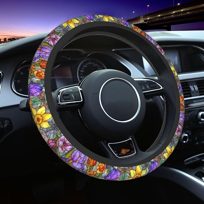 Flower Steering Wheel Covers Non Slip Neoprene Universal 15 Inch Steering Wheel Protector Car Cover for Men Women