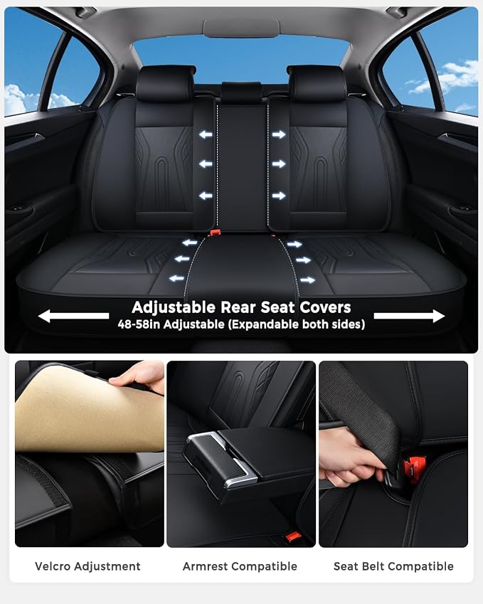 Huidasource Rear Seat Covers, Waterproof Faux Leather Rear Bench Seat Covers, Universal Fit Back Seat Cover for Most Cars Sedans SUVs Pickups Trucks, Black