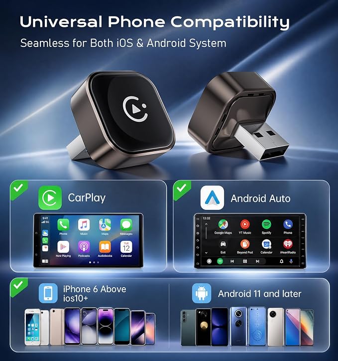 Wireless CarPlay/Android Auto Adapter, 2-in-1 USB-C/A Carplay Adapter | Convert Wired to Wireless; Plug and Play