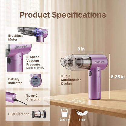 Shop-Vac S4 Handheld Car Vacuum Cleaner Cordless, 16000Pa 3-in-1 Mini Hand Vacuum & Air Duster with Brushless Motor, Multi-Nozzles, Rechargeable, for Car, Office, and Home Detail Cleaning (Purple)