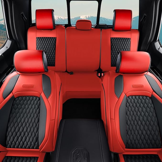 Coverado Leather Car Seat Covers Full Set, Dodge Seat Covers for Car Fit for 2009-2018 Dodge RAM 1500, 2010-2024 2500 3500 Automotive Vehicle Seat Covers Protector for Trucks (Red)