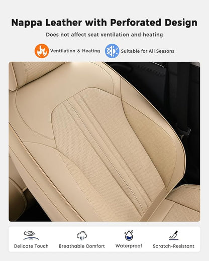 Huidasource Beige Front Seat Cover, Luxury Faux Leather Front Car Seat Cover, Compatible with Airbags, Seatbelt Buckles, Perforation Cooling＆Heating, Universal Fit for Most Cars Vans Trucks SUVs Beige