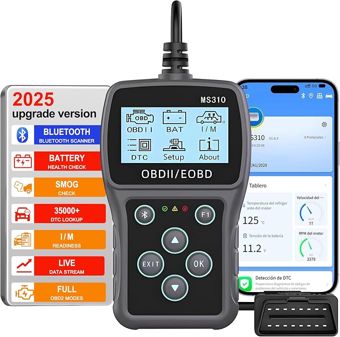Bluetooth OBD2 Scanner Diagnostic Tool with Battery Tester: Check Engine Code Reader - Plug & Play with Live Data and Trip Analysis, Scan Tool for All OBDII Protocol Cars Since 1996