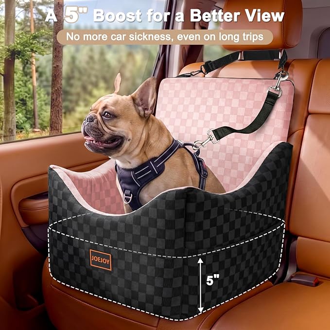 JOEJOY Elevated Dog Car Seat for Small/Medium Dogs up to 35 lbs, Memory Foam Booster Seat with Detachable Washable Cover, Travel-Safe Car Bed with Safety Belts & Storage Pockets, Pink