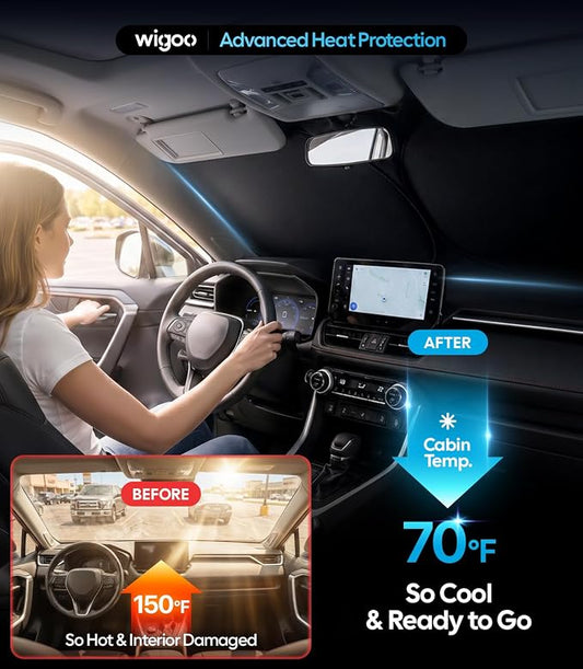 Wigoo 2026 Upgrade Universal Car Windshield Sun Shade [100% Light Block, Durable 210D Oxford] Foldable Heat Insulation Interior Sun Visor to Keep Interior Cool with Storage Bag, S3(59"x36")