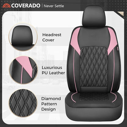 Coverado Leather Seat Covers, Waterproof Car Seat Covers Front Seats, Luxury Front Car Seat Covers Faux Leather Car Seat Protector, Automotive Car Seat Covers Universal Fit Most Cars Truck, Black&Pink