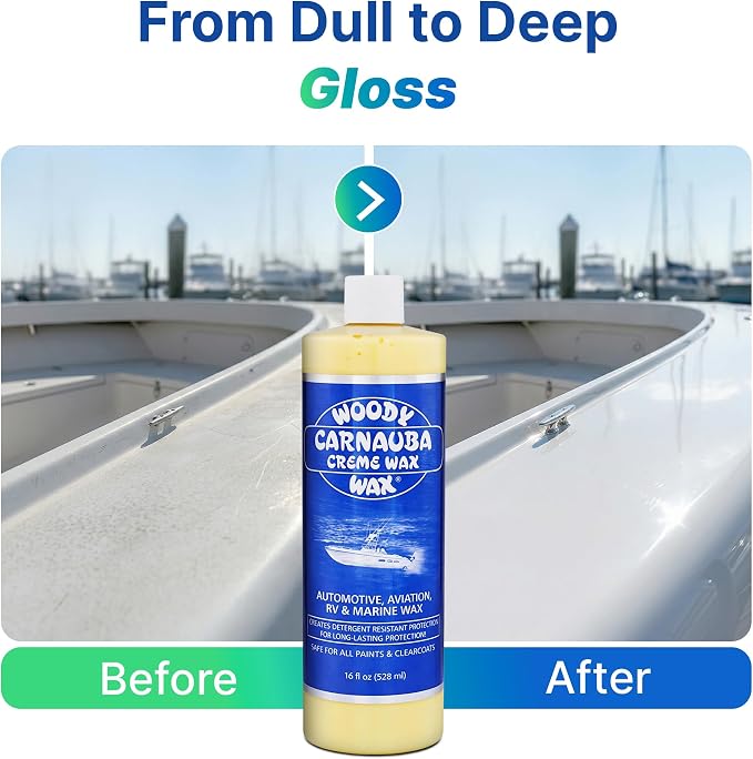 Woody Wax Carnauba Creme Wax, Professional High-Gloss Marine, RV & Aviation Wax, UV Protection for Paint & Clear Coat, Detergent Resistant Polymers, Covers Light Scratches and Removes Oxidation, 16 oz