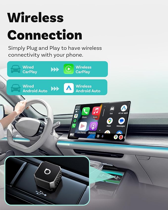 OTTOCAST Mini 3.0 Black 2-in-1 Wireless CarPlay & Android Auto Adapter – Plug & Play for iPhone/Android, Dual-Phone Memory, Dual-Band WiFi (2.4/5GHz), Auto-Reconnect (USB Type-C)