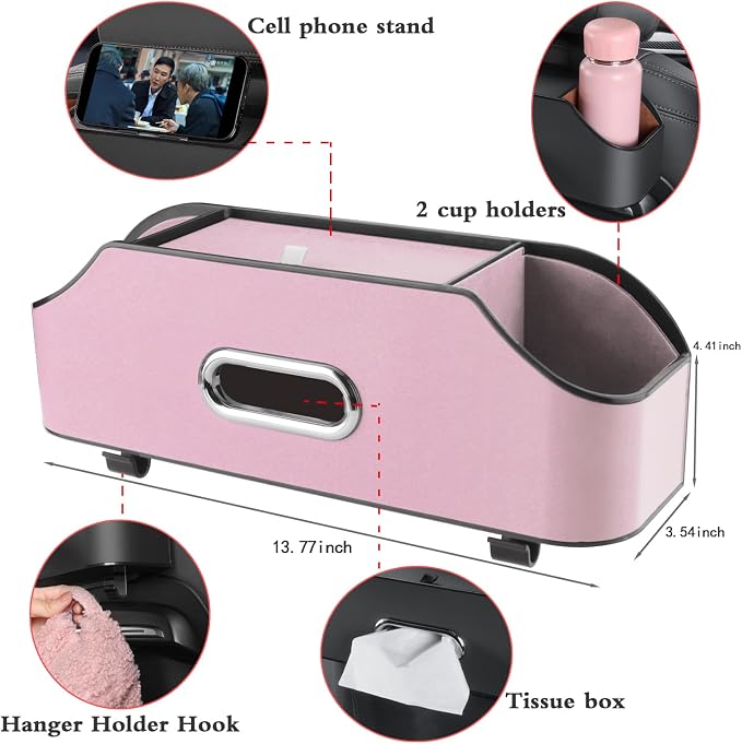 HOLDCY Car Back Seat Organizer with 2 Drink Cup Holder - Tissue Box and Storage Box Hook - Multi-functional Storage - Great for Kids and Travel (Pink)