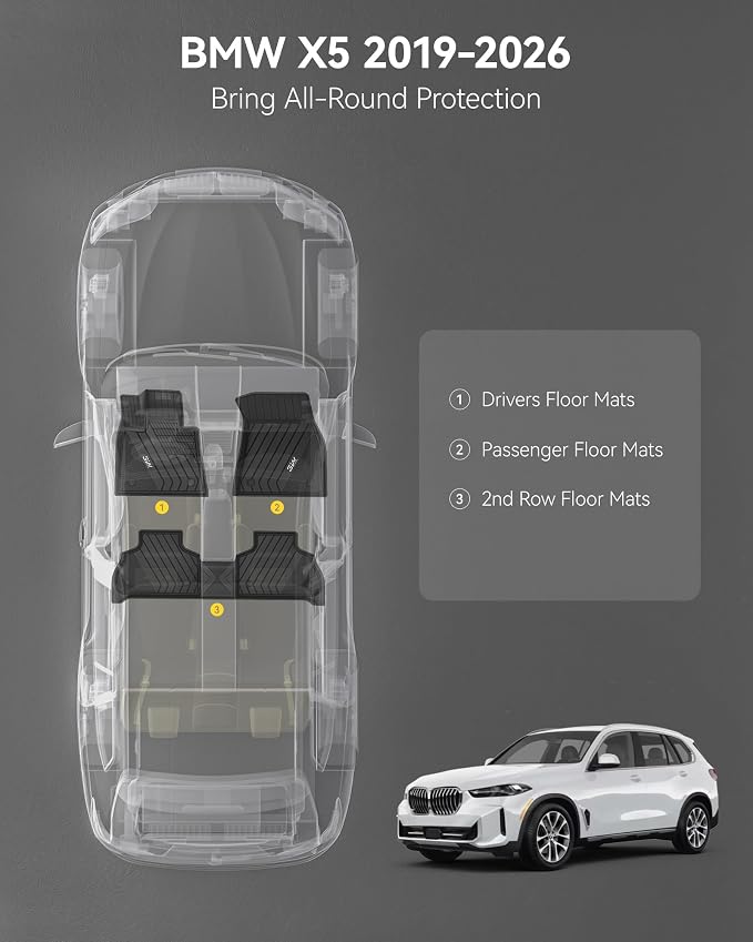 3W Floor Mats BMW X5 2019-2024 2025 2026, TPE All Weather Custom Fit Floor Liner for BMW X5 40i 50i 45e M50iM 1st&2nd Rows Full Set Car Mats Black (Only for 5 Passenger Seat)