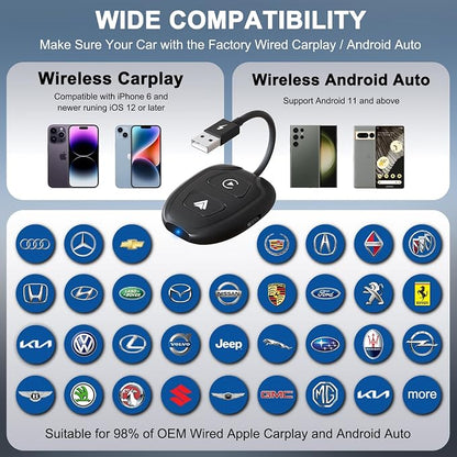 Wireless CarPlay Adapter for iPhone,Converts Factory Wired to Wireless,Plug & Play,Stable Control & No Delay,2025 Upgraded 2 in 1,USB A/C Port to iOS 10+ Android 10.0+