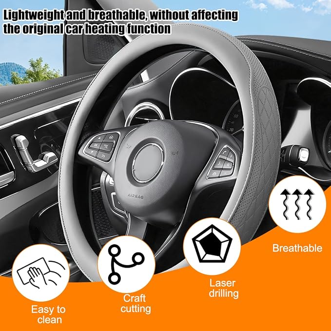 Zpana Car Steering Wheel Cover, 14.5-15" Breathable Soft Leather Vehicle Steering Wheel Protector with Anti-Slip Lining, Comfortable Auto Interior Decoration Accessories, Universal Fit (Gray)