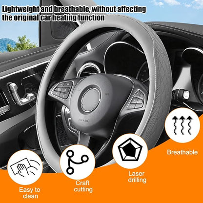 Zpana Car Steering Wheel Cover, 14.5-15" Breathable Soft Leather Vehicle Steering Wheel Protector with Anti-Slip Lining, Comfortable Auto Interior Decoration Accessories, Universal Fit (Gray)