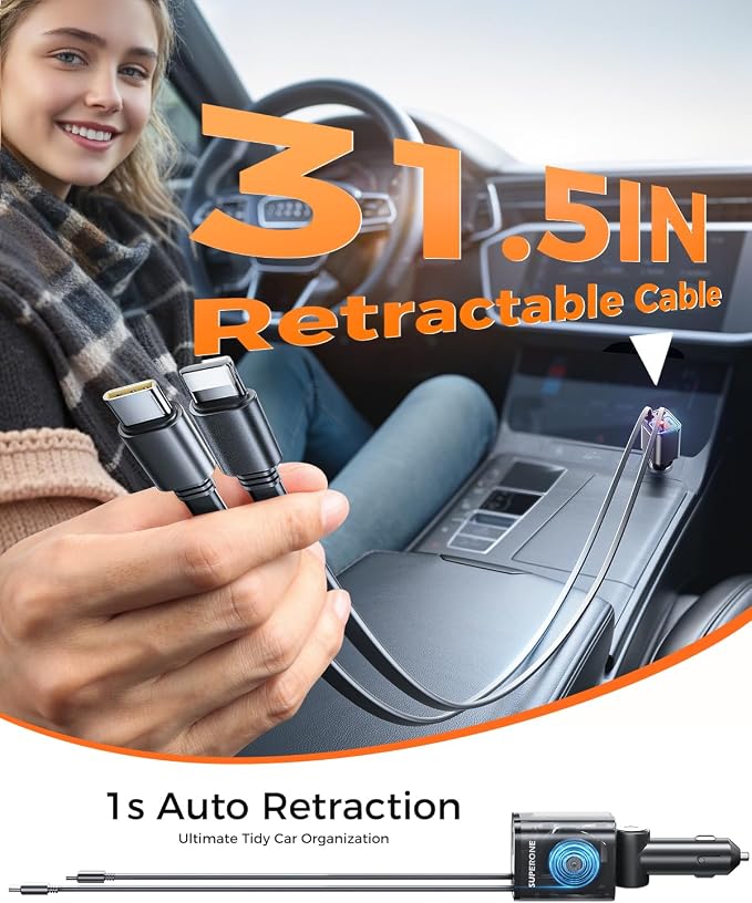 SUPERONE Retractable Car Charger, 69W Car Charger Adapter for iPhone 17 USB C Charger Fast Charging with Starry Light, Car Accessories Compatible with iPhone 17/16/15/14/13/12, iPad, Android, Pixel