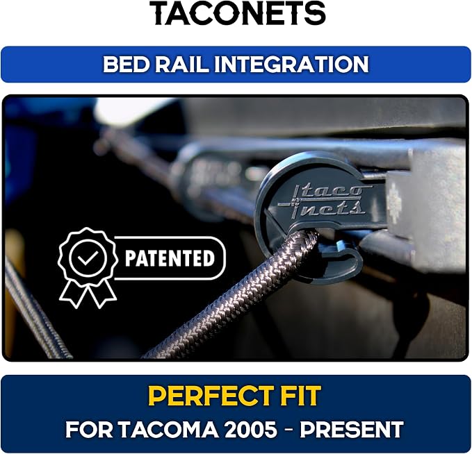 TacoNets Titan Cargo Net for Toyota Tacoma Short Bed - Fits 2005-2026 - Patented Bed Rail Integration - Heavy Duty 8mm Premium Bungee 3'x4' Cargo Netting - Designed in USA