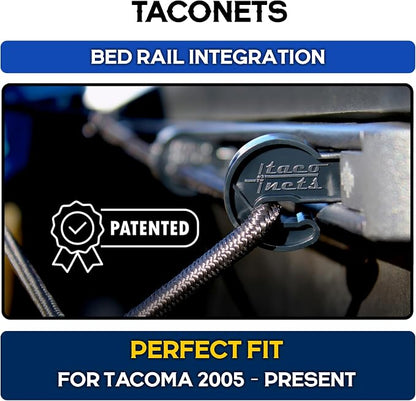 TacoNets Titan Cargo Net for Toyota Tacoma Short Bed - Fits 2005-2026 - Patented Bed Rail Integration - Heavy Duty 8mm Premium Bungee 3'x4' Cargo Netting - Designed in USA