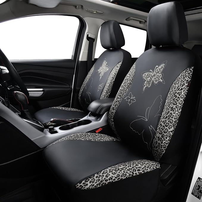 Flying Banner Butterfly car seat Covers ful Set Fashion Universal Lady Woman Female Rear Bench Split Colorized (Full Set - Faux Leather, Leopard Gray)