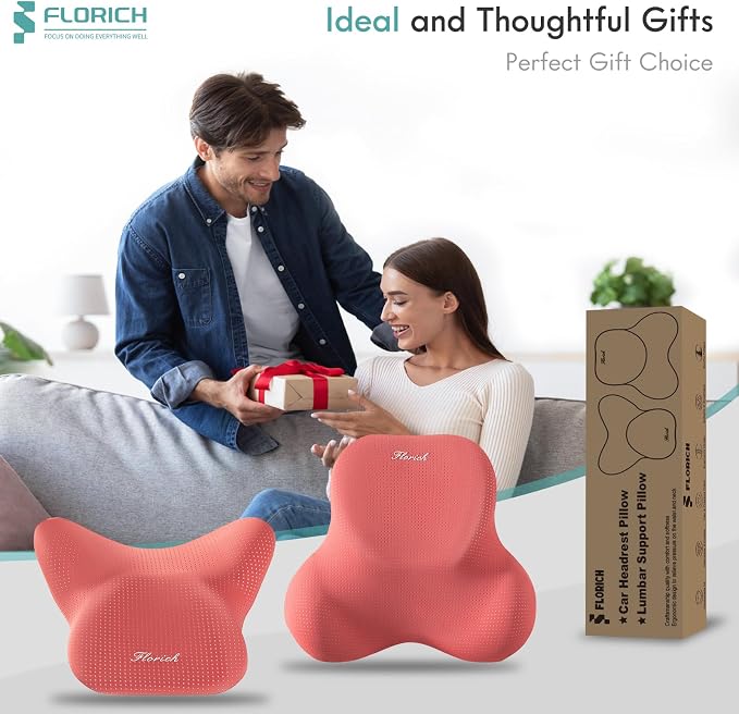 FLORICH Car Lumbar Support Pillow and Neck Headrest Pillow for Office Chair, Ergonomic Memory Foam, Relieves Neck, Back Pain, Pressure-Relieving Back Support for Car, Office Chair & Wheelchair – Red