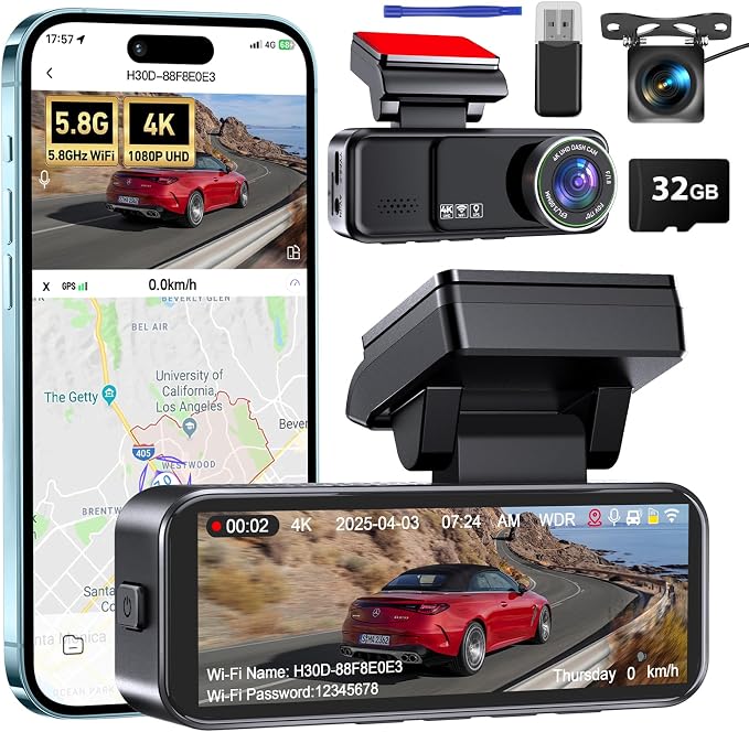Dash Cam Front and Rear, 4K Dash Cam Built-in 5.8G WiFi GPS ADAS, 3.2" IPS Screen Dash Camera for Cars with Free 32GB Card,G-Sensor,Loop Recording,WDR,Night Vision Dashboard Camera
