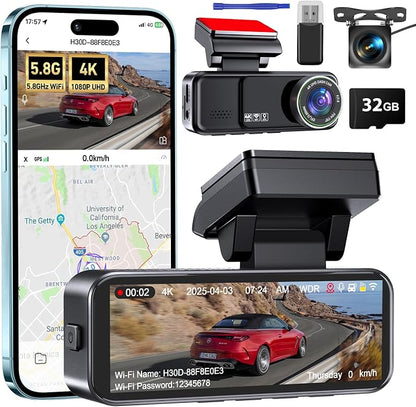Dash Cam Front and Rear, 4K Dash Cam Built-in 5.8G WiFi GPS ADAS, 3.2" IPS Screen Dash Camera for Cars with Free 32GB Card,G-Sensor,Loop Recording,WDR,Night Vision Dashboard Camera
