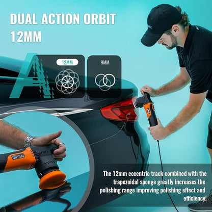 AUTIWOZ Carbon Fiber Mini Car Buffer Polisher, 630W Copper Motor 12mm Orbit, 2&3Inch Dual Action Polisher for Car Detailing, 2500-7000RPM with Soft Start, 3M Corded Auto Electric Polishing Machine
