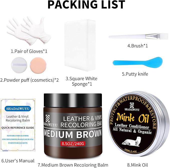 SHADAIWUYU 8.5oz Leather Recoloring Balm with 100ml Mink Oil,Medium Brown Leather Repair kit for Furniture and Car Interior,Leather Couch Scratch Repair,Leather Dye Paint,Mink Oil for Leather