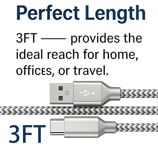 Braided USB-A to USB-C Car Carplay Cable, Gray 3FT Durable Tangle-Free Charging Cable USB-A for Auto and CarPlay, USB C Cable Type C Car Charger Cord for iPhone 17/16/15, 5V2A
