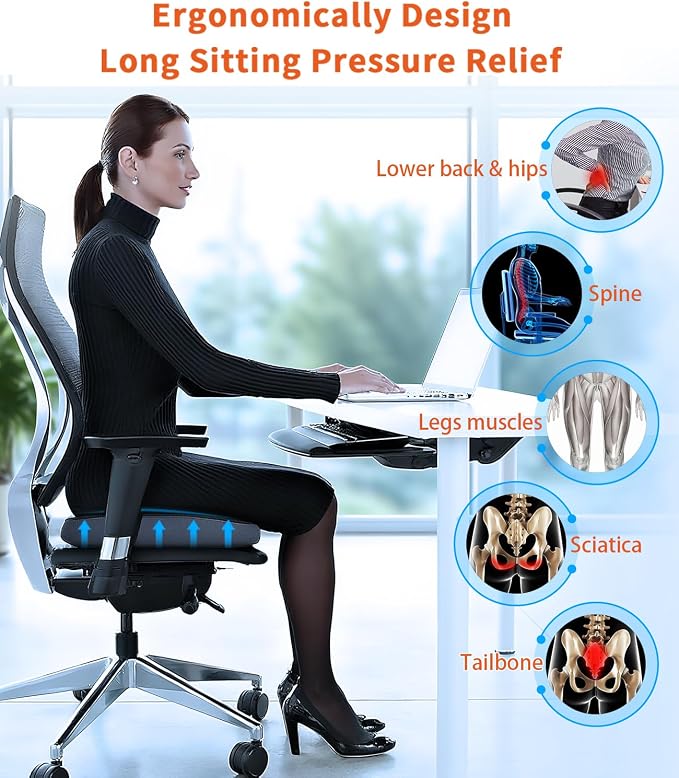 Memory Foam Seat Cushion, Large Office Chair Cushions Chair Pad for Tailbone Sciatica Coccyx Lower Back Pain Relief, Orthopedic Butt Pillow for Desk Chair Car Wheelchair Long Sitting (Black)