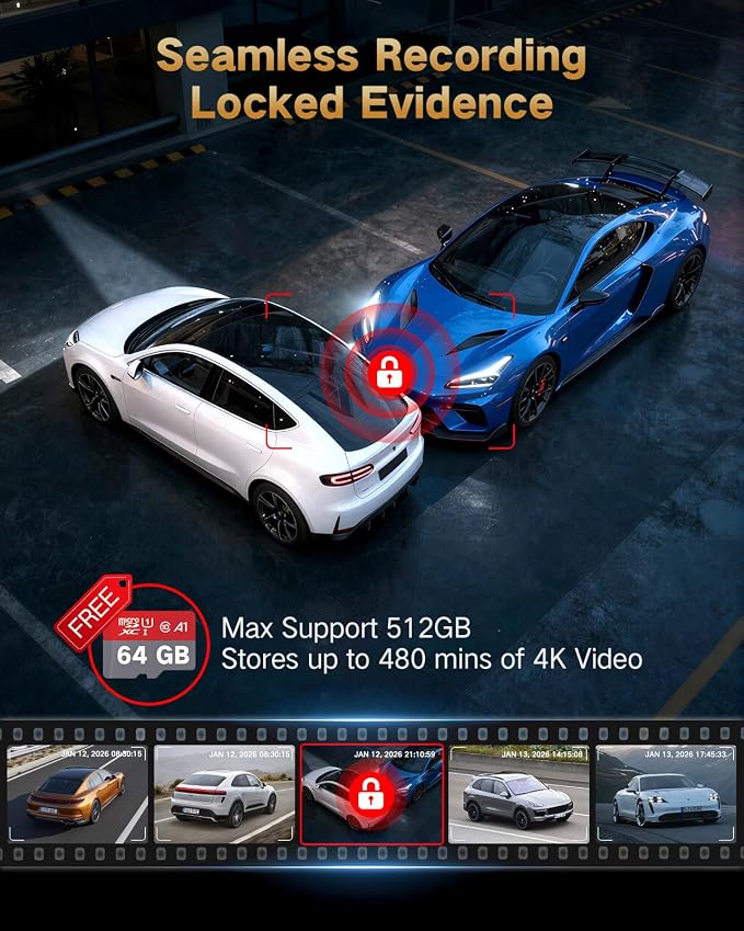 4K Dash Cam Front and Rear Inside, 3 Channel Dash Camera for Cars with 64GB SD Card, 5G WiFi Dash Cam, APP Control, Night Vision, 3" IPS Screen, G-Sensor, Loop Recording, K02 Pro