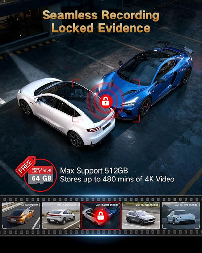 4K Dash Cam Front and Rear Inside, 3 Channel Dash Camera for Cars with 64GB SD Card, 5G WiFi Dash Cam, APP Control, Night Vision, 3" IPS Screen, G-Sensor, Loop Recording, K02 Pro