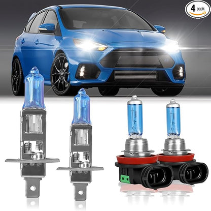 Fit for Ford Focus 2012-2018 High Performance Halogen Headlight Bulbs,H1 High Beam + H11 Low Beam Headlamp Replacement Bulbs Kit, Plug and Play,Pack of 4
