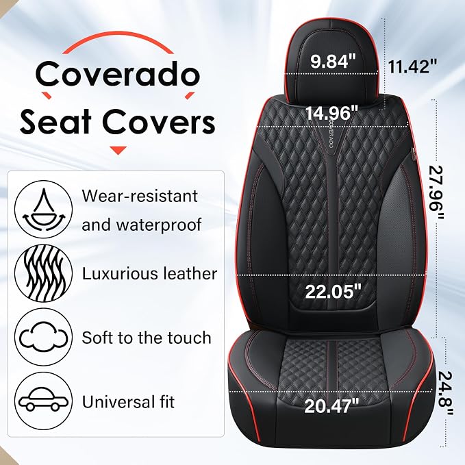 Coverado Front Seat Covers, Waterproof Seat Covers, 2 Pack Nappa Leather Car Seat Covers, Black Seat Covers for Cars, Automotive Seat Covers Universal Car Seat Protector Fit for Most Cars, Black&Red