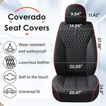 Coverado Front Seat Covers, Waterproof Seat Covers, 2 Pack Nappa Leather Car Seat Covers, Black Seat Covers for Cars, Automotive Seat Covers Universal Car Seat Protector Fit for Most Cars, Black&Red