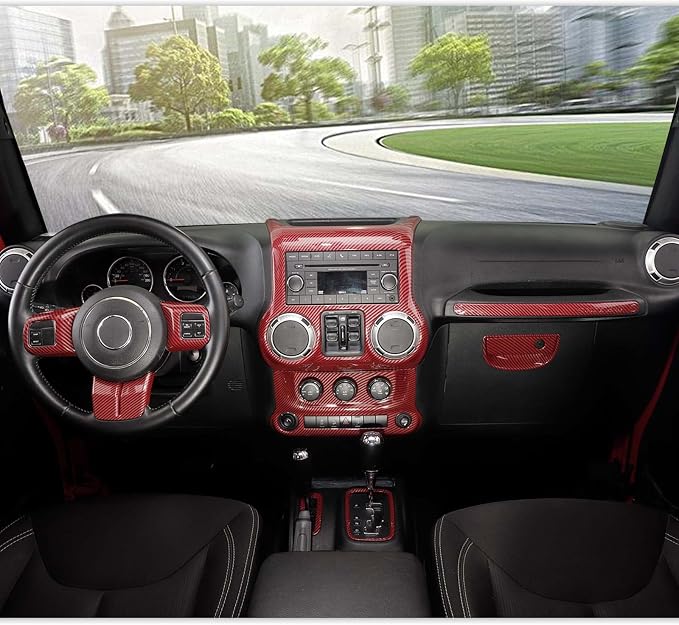RT-TCZ for Jeep JK Interior Trim Kit Red, JKU Center Console Dashboard Panel Trim Cover for Jeep Wrangler JK JKU 2011-2017 Red ABS Carbon Fiber Interior Accessories 10pcs