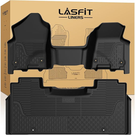 LASFIT Floor Mats for Ram 1500 Crew Cab 2019-2024 Bench Seat (NOT for Bucket/Classic Model/Quad Cab) with Rear Under-Seat Storage 4 Full Size Doors, All Weather TPE Custom Fit 1st & 2nd Row, Black