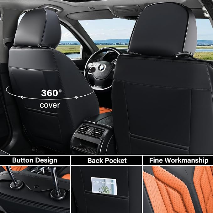 Coverado Car Seat Covers Full Set, Automotive Seat Covers Car Seat Protector Car Seat Cushion, Waterproof Leather Seat Covers for Cars, Universal Fit for Most Sedans SUV Pick-up Truck(Black&Orange)