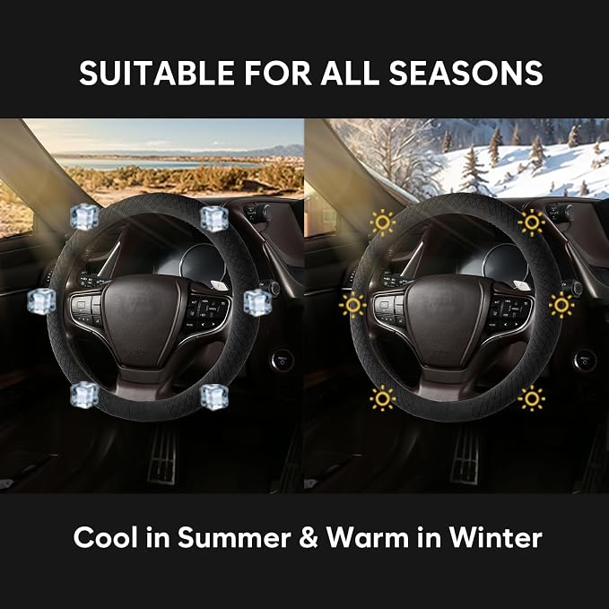 Suede Steering Wheel Cover with Upgraded Silicone Inner Ring, Breathable, Anti-Slip, Leather Universal 14.5 to 15 Inch Steering Wheel Cover (Black with Handwoven Craft)