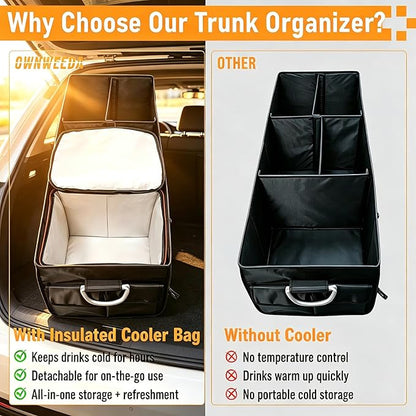 90L Large Car Trunk Organizer with 30L Removable Leakproof Cooler Bag, Collapsible Storage Bin with Lid & Dividers, Heavy Duty Accessories for SUV Sedan, Ideal for Grocery Camping Road Trip