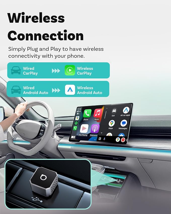 OTTOCAST USB-C Mini 3.0 Wireless CarPlay & Android Auto Adapter – for Apple iPhone/AndroidPhone, 2-in-1 Multi-User Type-C Wireless Bluetooth Dongle, for Cars with Wired CarPlay/Android Auto (Silver)
