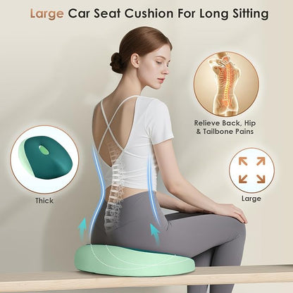FLORICH Large Car Seat Cushion for Long Sitting, Ergonomic Memory Foam Driving Seat Cushion for Back & Sciatica Pain Relief, Non-Slip Washable Seat Cushion for Car, Driver, Office-Green