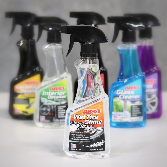 ABRO Black Xtreme Wet Tire Shine, 16 oz., Tire Dressing for Deep Glossy Finish for Protection and Conditioning, Long-Lasting Tire Shine Spray, Fights Cracking and Fading, No Buffing Required