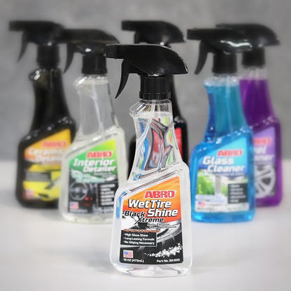 ABRO Black Xtreme Wet Tire Shine, 16 oz., Tire Dressing for Deep Glossy Finish for Protection and Conditioning, Long-Lasting Tire Shine Spray, Fights Cracking and Fading, No Buffing Required