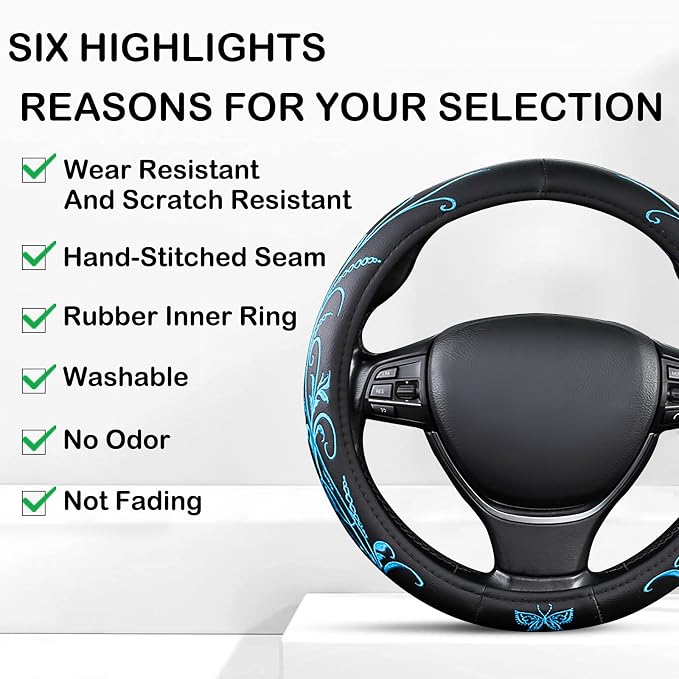 Blue Embroidery Butterfly Car Steering Wheel Cover,14.5-15 Inch Universal Leather Covers Breathable Anti-Slip Odorless Steering Wheels Accessories for Men Women