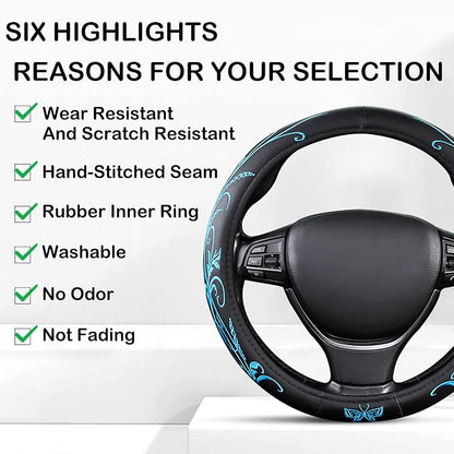Blue Embroidery Butterfly Car Steering Wheel Cover,14.5-15 Inch Universal Leather Covers Breathable Anti-Slip Odorless Steering Wheels Accessories for Men Women
