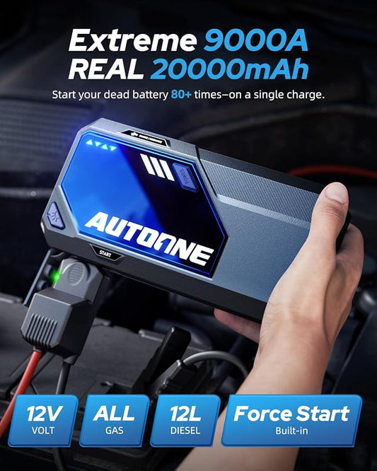 AUTOONE M5 9000A Car Jump Starter 12V Battery Jumper Starter Portable (All Gas/All Diesel) 168W DC Jump Box for Car Battery with Built-in Booster, Type-C Fast Charge & Jumper Cables Jump Pack