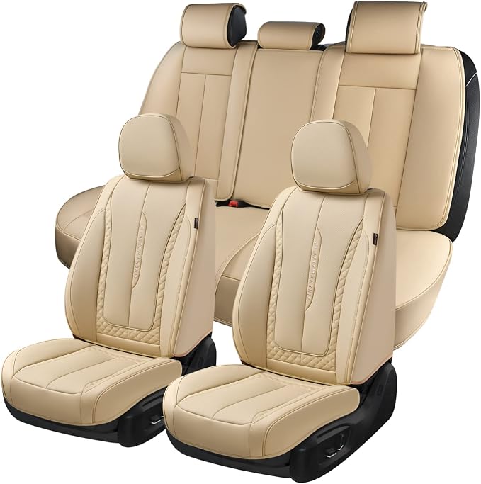 Coverado Car Seat Covers Full Set, Beige Seat Covers Front Seats Back Seat Covers, Nappa Leather Waterproof Car Seat Cover, Car Seat Cushion, Car Seat Protector Universal Fit Most Cars