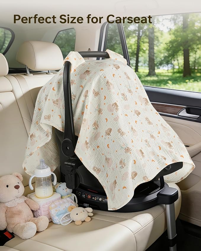 100% Muslin Cotton Car Seat Cover for Baby, Breathable Soft Car Canopy & Sunshade, Universal Infant Carseat Cover, Lightweight Summer Stroller Cover for Boys Girls - Koala
