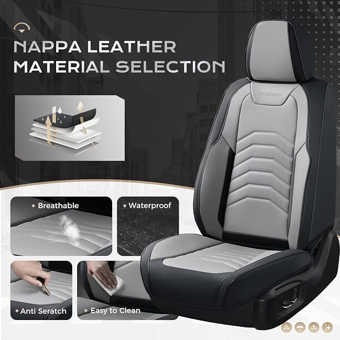 Coverado Car Seat Covers Full Set, Faux Leather Car Seat Covers for Cars, Car Seat Covers Front Seats and Back Car Seat Protector Waterproof, Car Seat Cushion Universal Fit for Most Cars, Black&Gray